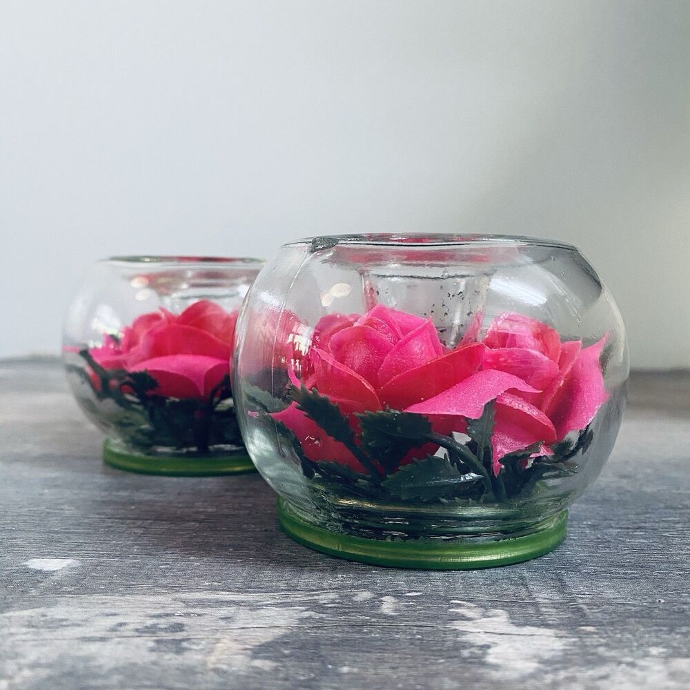 2 Vintage Glass Bubble Fuchsia Roses Candlestick Taper Candle Holders Hong Kong